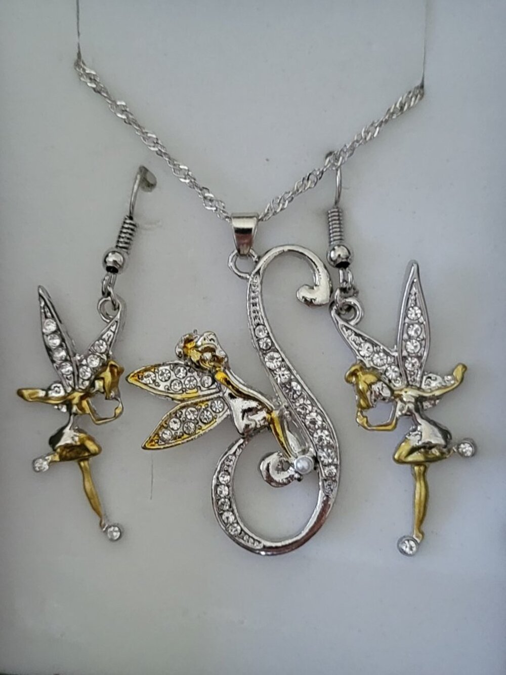 Silver Gold and Pink Fairy Necklace with Matching Earrings